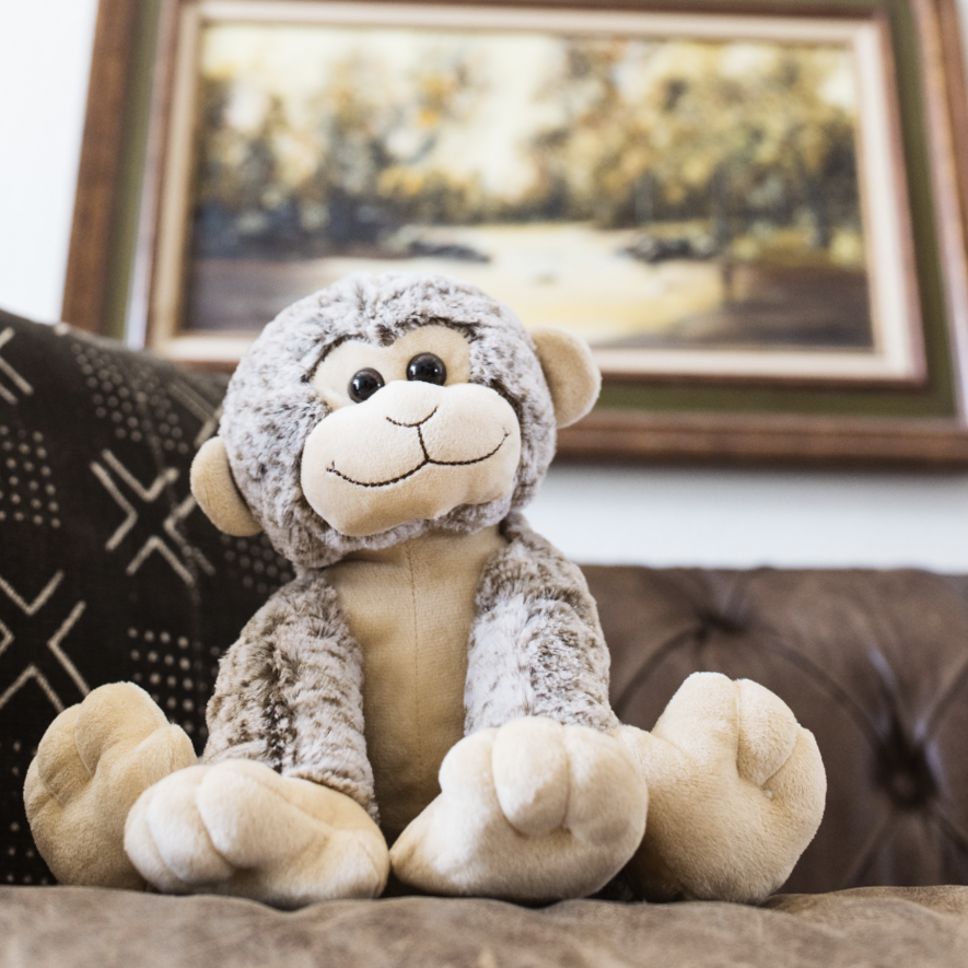 plush monkey sitting on a couch
